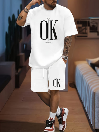 Men'S Casual Summer T-Shirt & Shorts Set - "OK" Print, Crew Neck, Short Sleeve, Regular Fit with Pockets, Comfortable for Home & Casual Attire, Relaxed Fit Clothing|Casual Style Shorts|Comfortable Fit