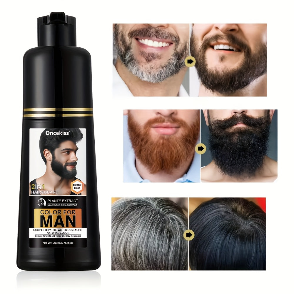 200ml Beard Hair Dye Shampoo for Men, Semi-permanent Hair Dye Shampoo 2in 1 Care Hair Dye to Cover Gray Beard And Hair, Available in Black and Brown