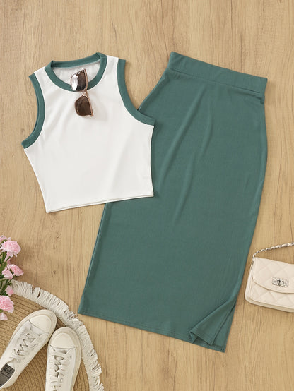 Women'S Sleeveless Top & Skirt Set - Casual, Solid Color, Round Neck, Polyester, Spring/Fall Fashion, Casual Attire|Sleeveless Top|Polyester Fabric