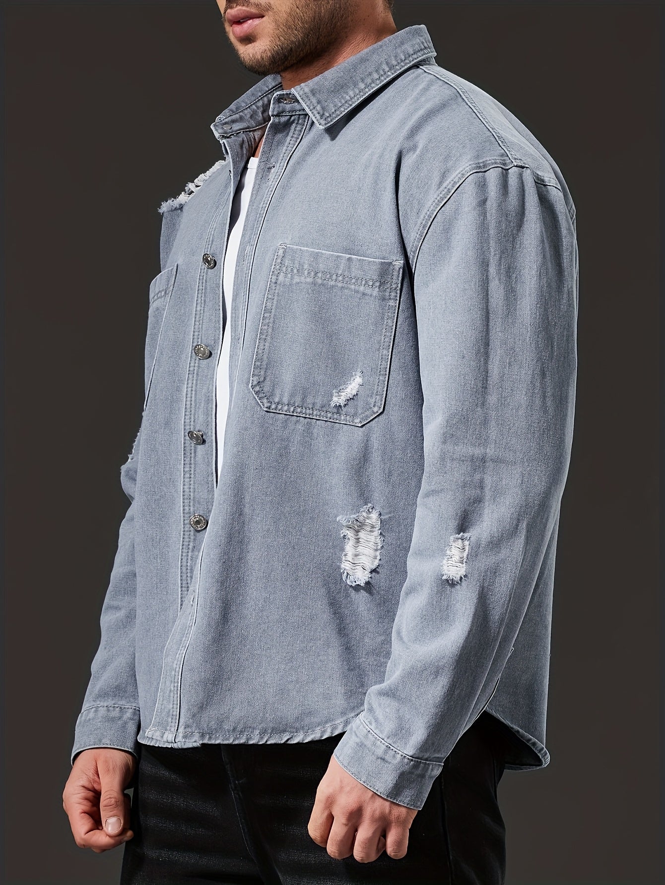 Men'S Casual Denim Shirt - Washed Distressed Blue, Button-Up with Chest Pockets, Non-Stretch Fabric, Regular Fit for Casual Attire, Casual Attire Shirt | Distressed Denim Shirt | Nonstretch Fabric, Plus Size