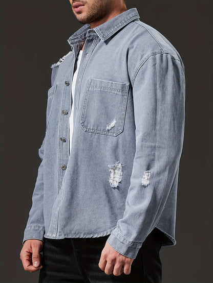 Men'S Casual Denim Shirt - Washed Distressed Blue, Button-Up with Chest Pockets, Non-Stretch Fabric, Regular Fit for Casual Attire, Casual Attire Shirt | Distressed Denim Shirt | Nonstretch Fabric, Plus Size