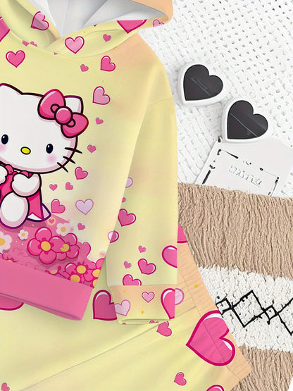 Sanrio 2pcs Girls' Set | for Hello Kitty Floral Heart Digital Print Design, Long Sleeve Hooded Sweatshirt and Pants Outfit, Kids Clothing Gift, Suitable for Autumn/Winter Season, Casual Sportswear Set, Perfect for Outdoor Use