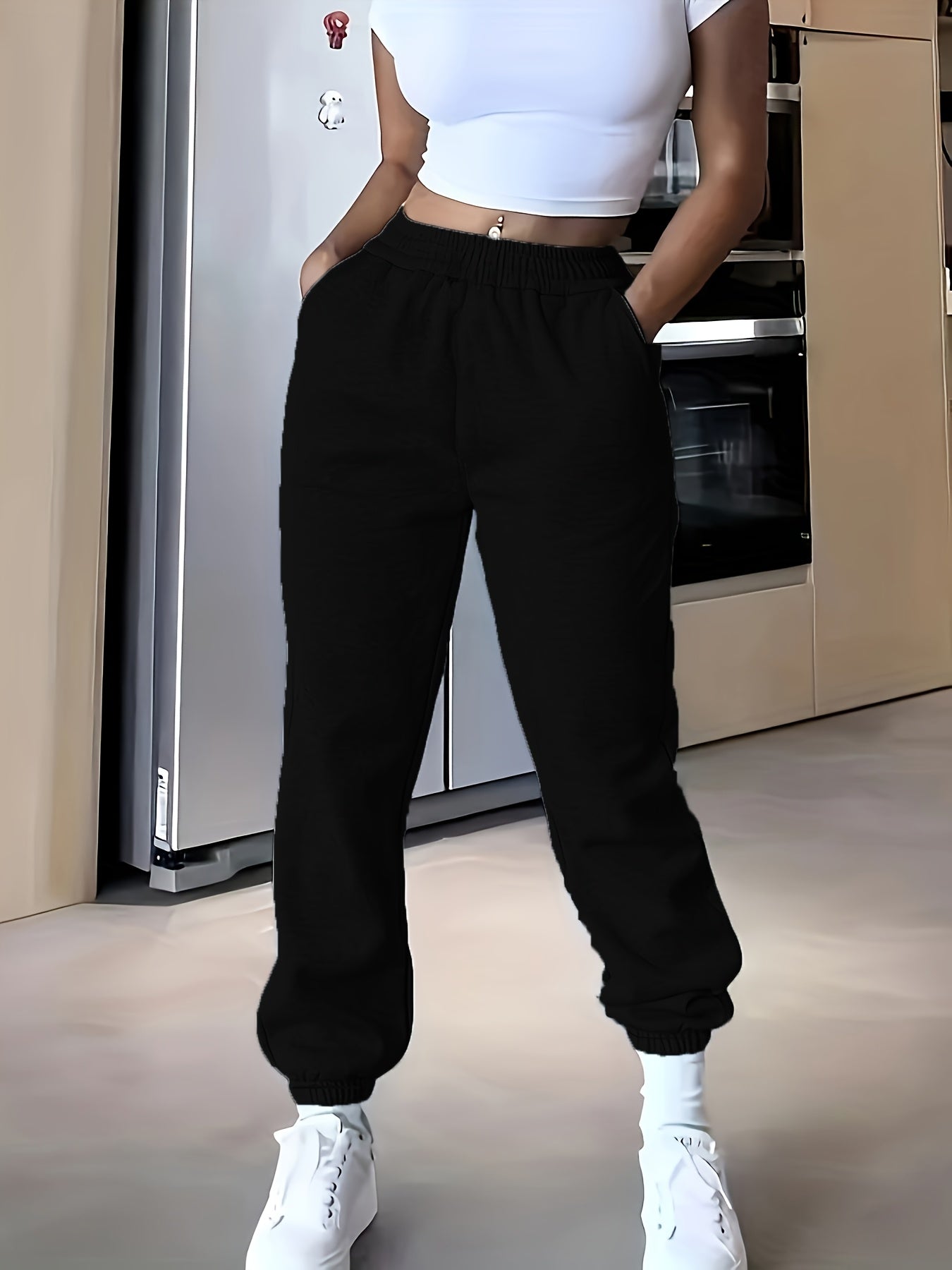 High-Waisted Elastic Jogger Pants for Women - 100% Polyester Casual Style Solid Color Trousers for Spring/Summer/Fall
