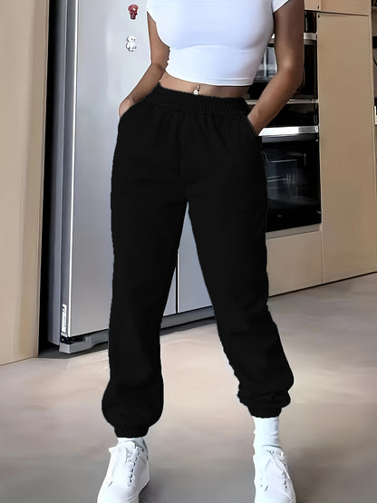 High-Waisted Elastic Jogger Pants for Women - 100% Polyester Casual Style Solid Color Trousers for Spring/Summer/Fall
