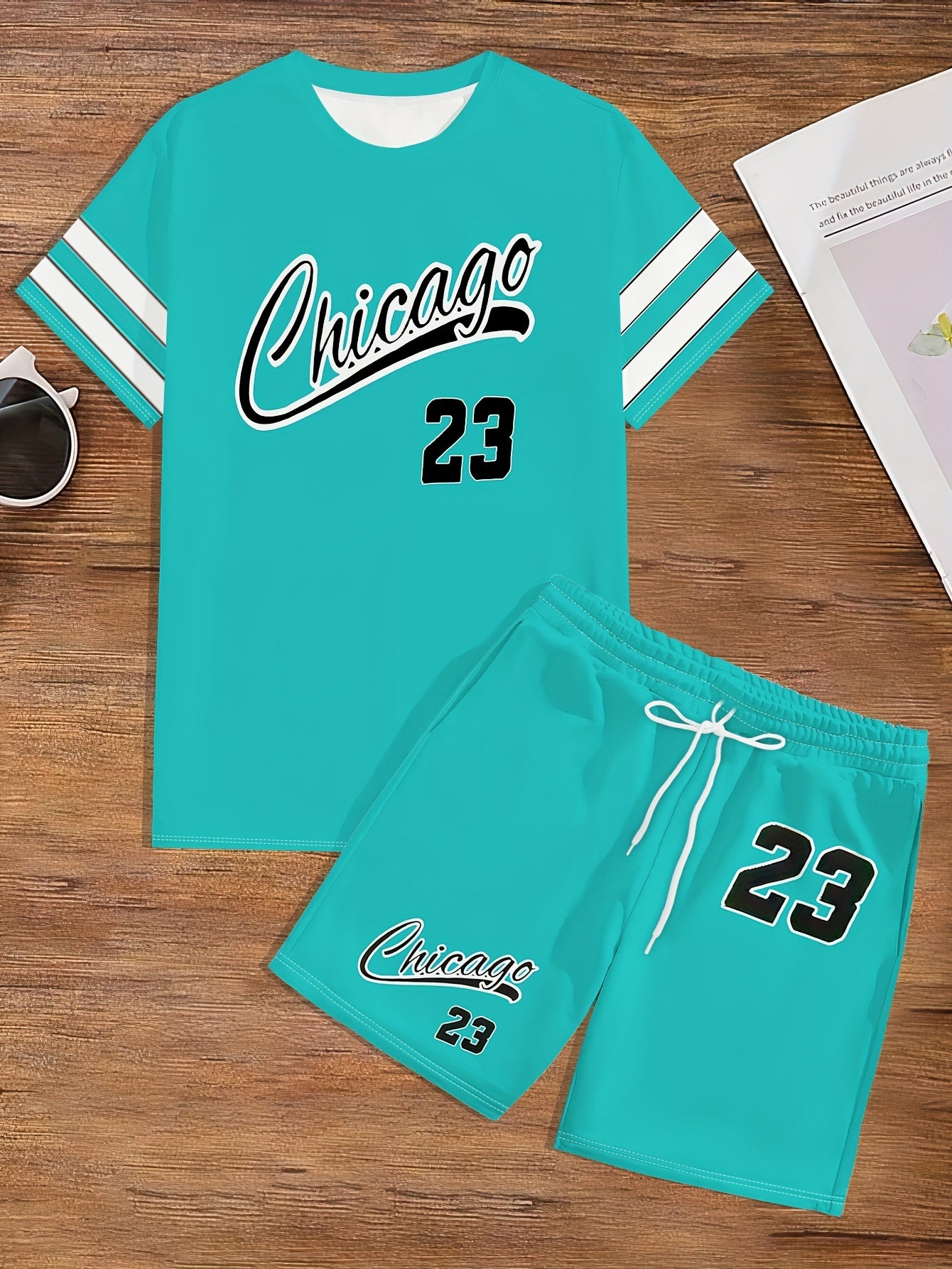 Summer Men's T-Shirt Set with Unique Digital Line Letter Print and Baseball Element Shorts Two-Piece Outfit