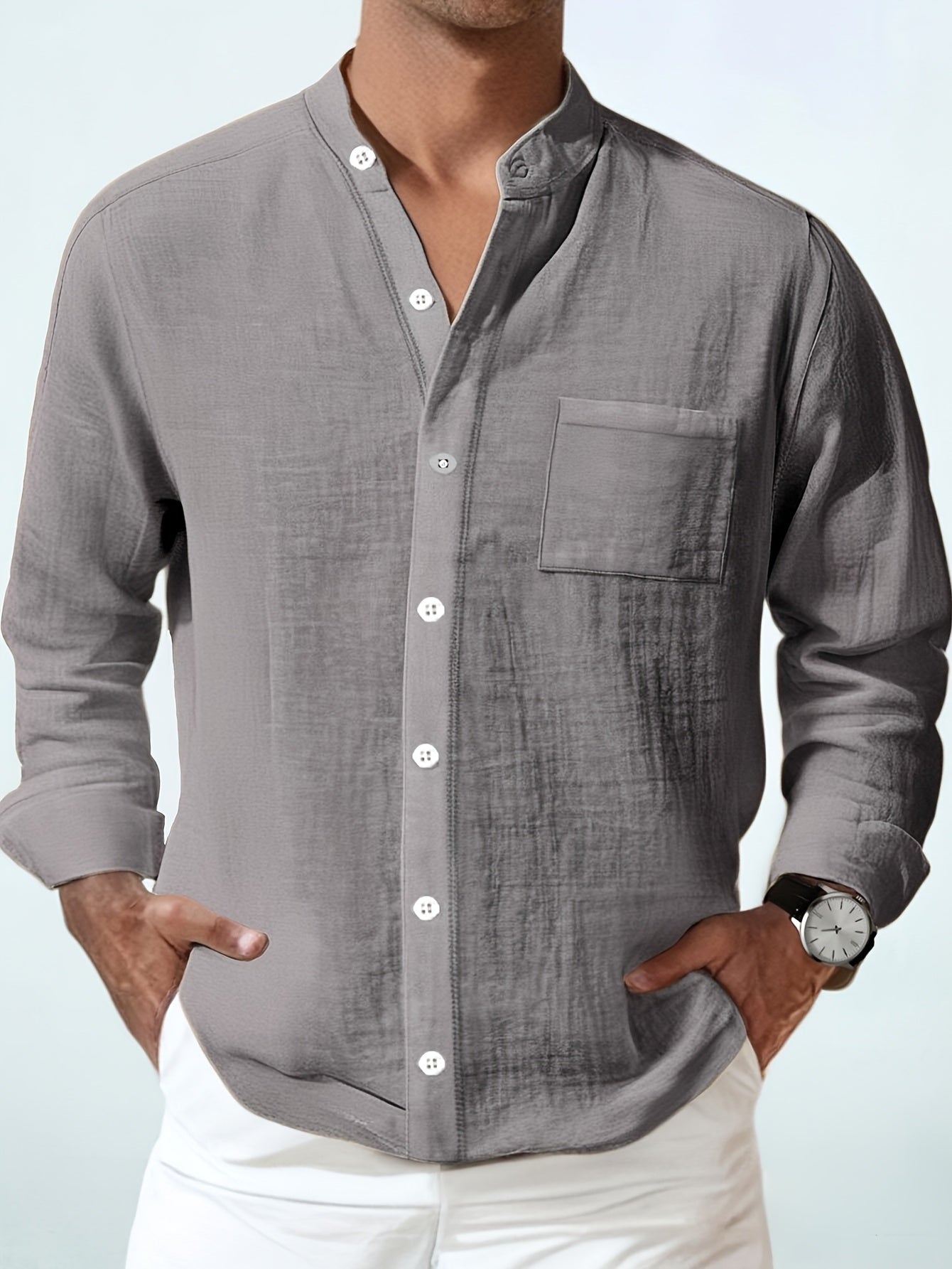 Men's Lightweight 95% Linen Shirt - Breathable Summer Casual Button-Up with Stand Collar, Regular Fit for Beach & Urban Wear, Solid Color