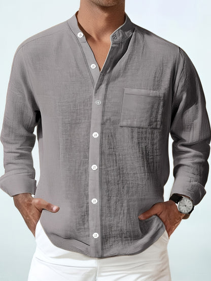 Men's Lightweight 95% Linen Shirt - Breathable Summer Casual Button-Up with Stand Collar, Regular Fit for Beach & Urban Wear, Solid Color