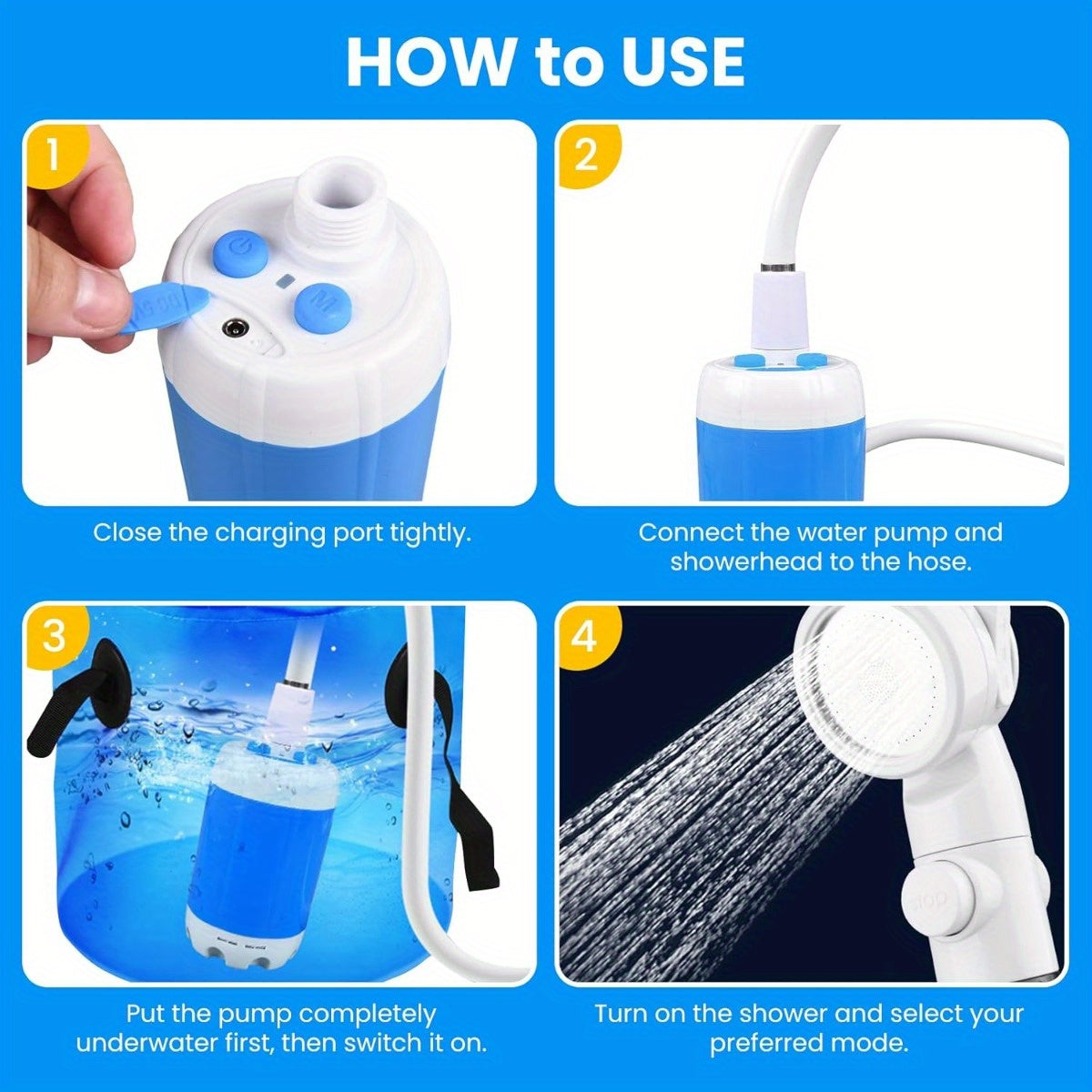 Upgraded Electric Shower Pump with Intelligent Digital Display - USB-Powered Portable Camping Shower, Heavy-Duty Electric Cleaning Pump with Multiple Spray Modes & Fast Pumping for RV, Boat, Outdoor, Travel - Compact Cleaning