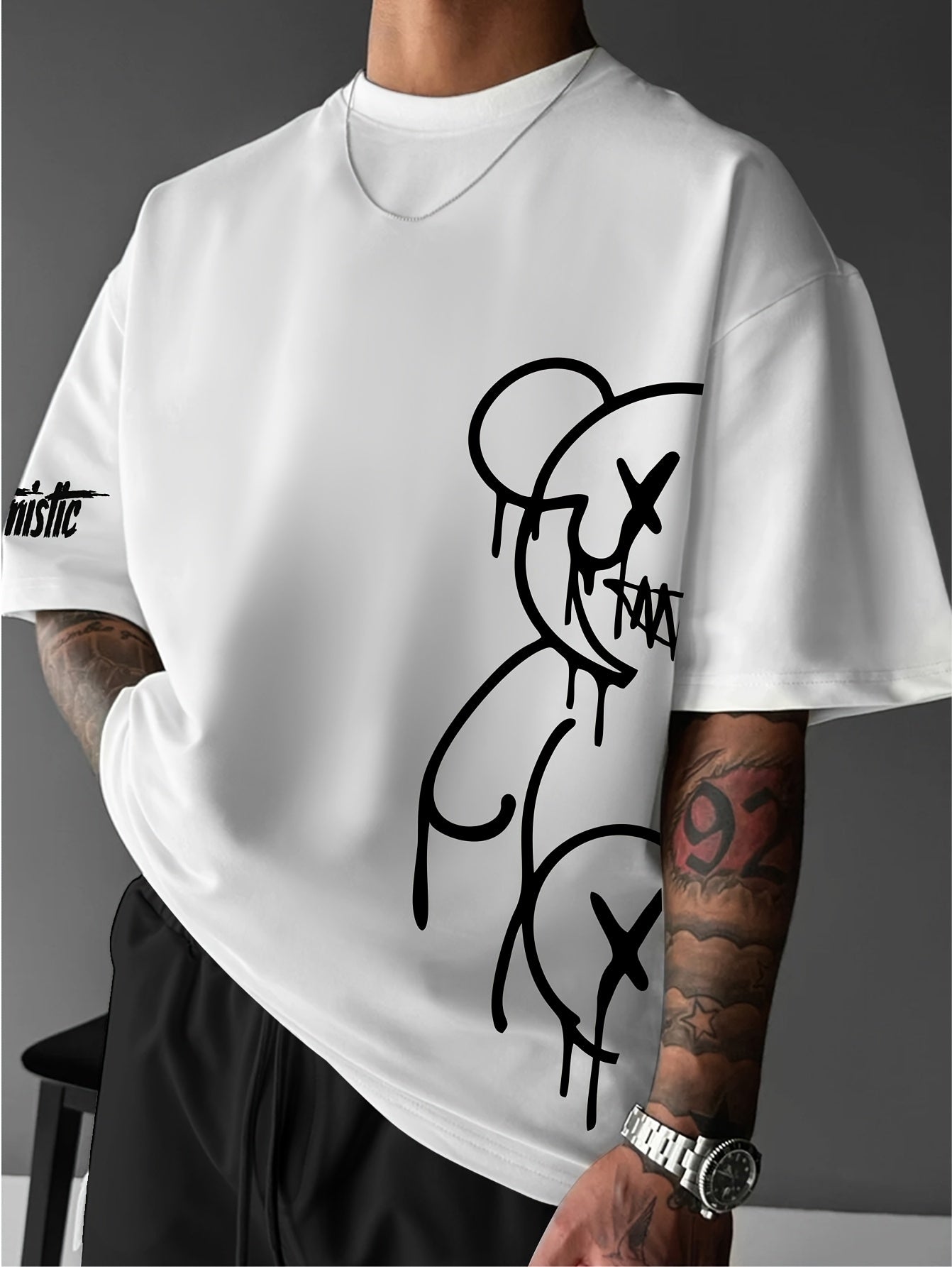 Men'S Casual Street Style Graphic T-Shirt - White with Black Abstract Design, Loose Fit, Short Sleeve, Round Neck, Summer Streetwear, Streetwear Tshirt | Street Style Shirt | Slight Stretch Fabric