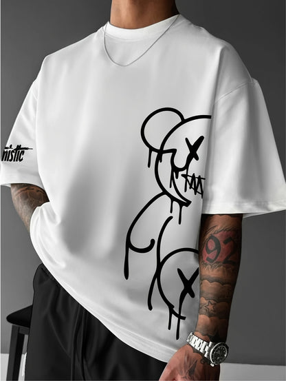 Men'S Casual Street Style Graphic T-Shirt - White with Black Abstract Design, Loose Fit, Short Sleeve, Round Neck, Summer Streetwear, Streetwear Tshirt | Street Style Shirt | Slight Stretch Fabric