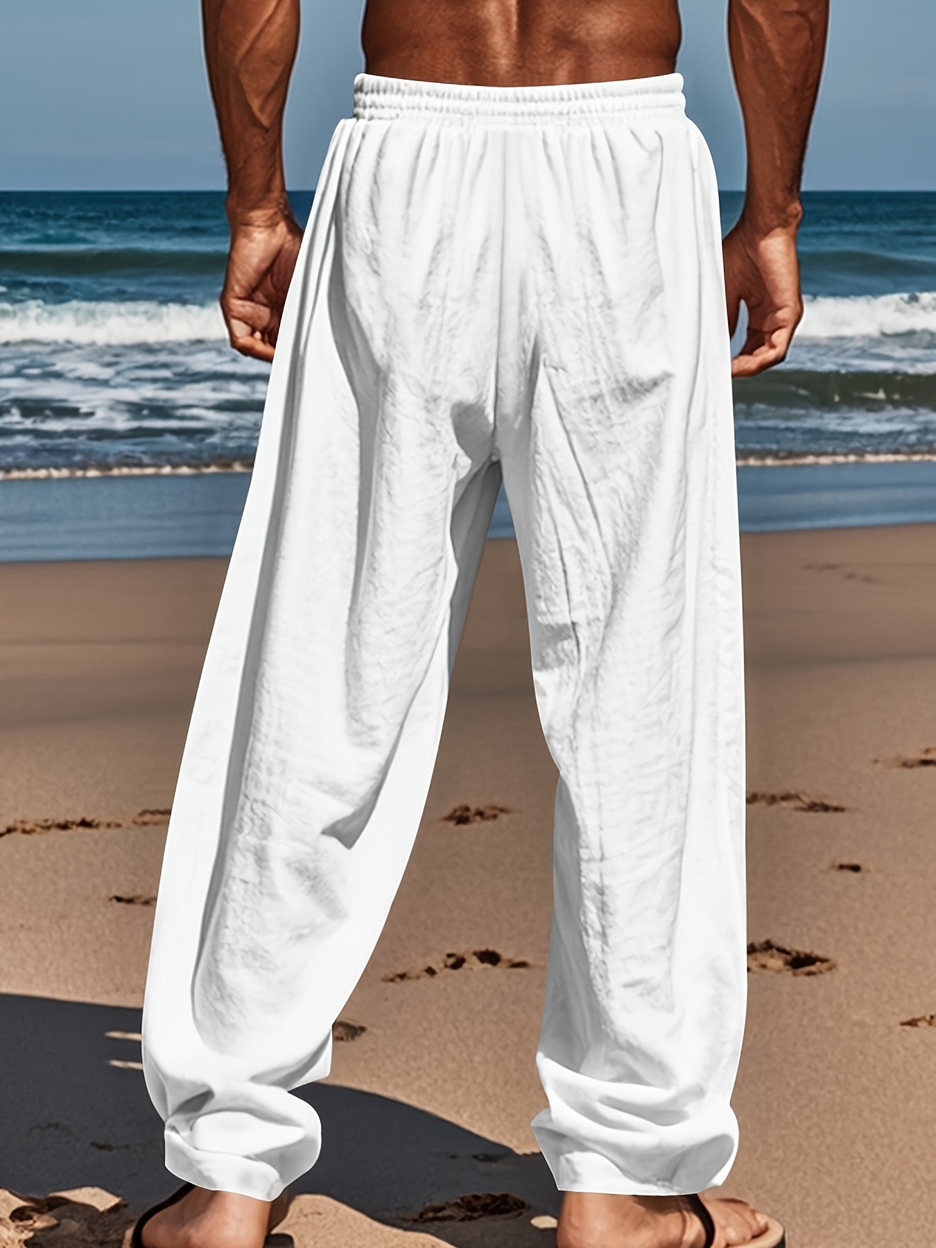 Men's Lightweight Breathable Linen Pants - American Loose Fit Straight Leg Casual Trousers with Adjustable Drawstring Waist & Side Pockets, Semi-Sheer Solid Color for Beach Vacation, Summer Outings & Casual Attire, Beach Pant