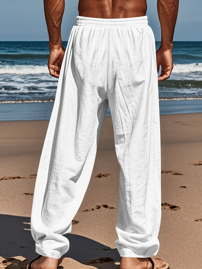 Men's Lightweight Breathable Linen Pants - American Loose Fit Straight Leg Casual Trousers with Adjustable Drawstring Waist & Side Pockets, Semi-Sheer Solid Color for Beach Vacation, Summer Outings & Casual Attire, Beach Pant