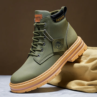 Men'S Olive Green Casual Boots - Comfortable Lace-Up Ankle Boots with Thick Cushioned PVC Sole, Round Toe & Breathable Fabric Lining for All-Season Wear, Everyday Footwear, Minimalist Design, Durable Construction