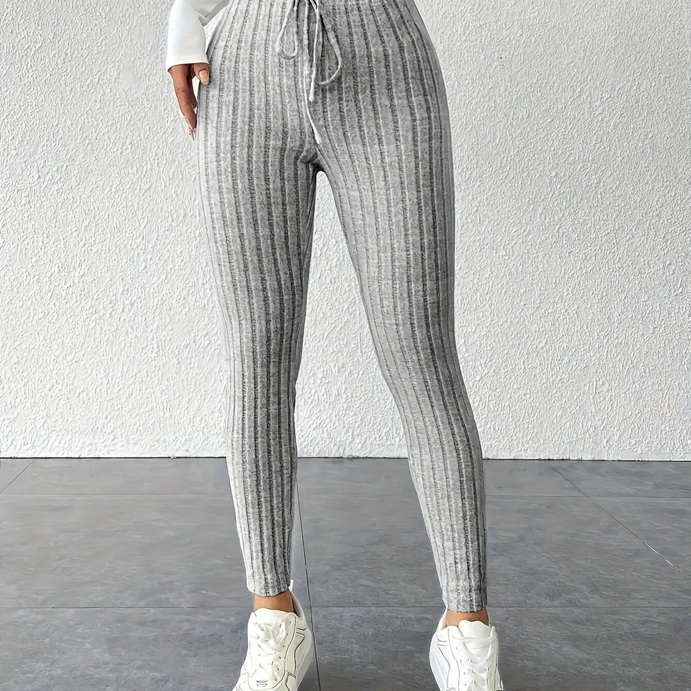Women's Tie Waist Ribbed Bodycon Leggings - Medium-Stretch All-Season Casual Pants, Solid Color Non-See-Through Machine Washable for Casual Attire & Layering, High Waisted Leggings, Versatile Bottoms, Sleek Fit, Comfortable F