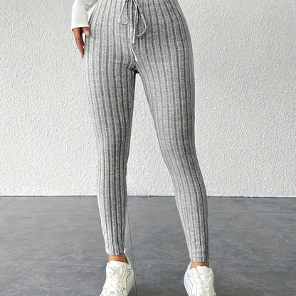 Women's Tie Waist Ribbed Bodycon Leggings - Medium-Stretch All-Season Casual Pants, Solid Color Non-See-Through Machine Washable for Casual Attire & Layering, High Waisted Leggings, Versatile Bottoms, Sleek Fit, Comfortable F