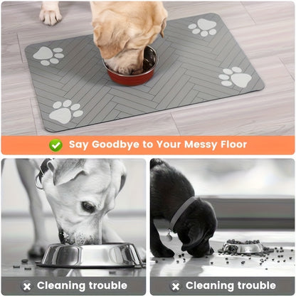 1pc Quick-Dry Diatom Mud Pet Feeding Mat - Splash-Proof, Absorbent, Easy to Clean, Suitable for Dogs and Cats, Herringbone Pattern with Paw Print Design, Washable Pet Feeding Mat