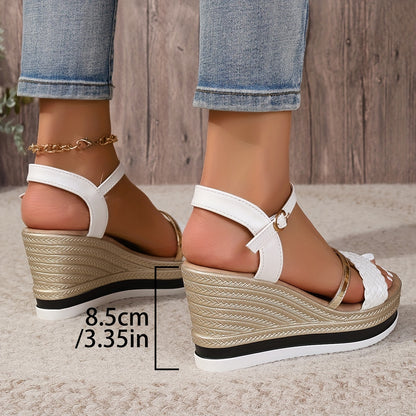 2024 New Arrival - Elegant 8.5cm High Heel Sandals with Golden & White Strap Design, Comfortable Platform Wedge for Women, Summer Fashion Footwear, Stylish Ankle Accessories | Elegant High Heel | Platform Wedge Sandals
