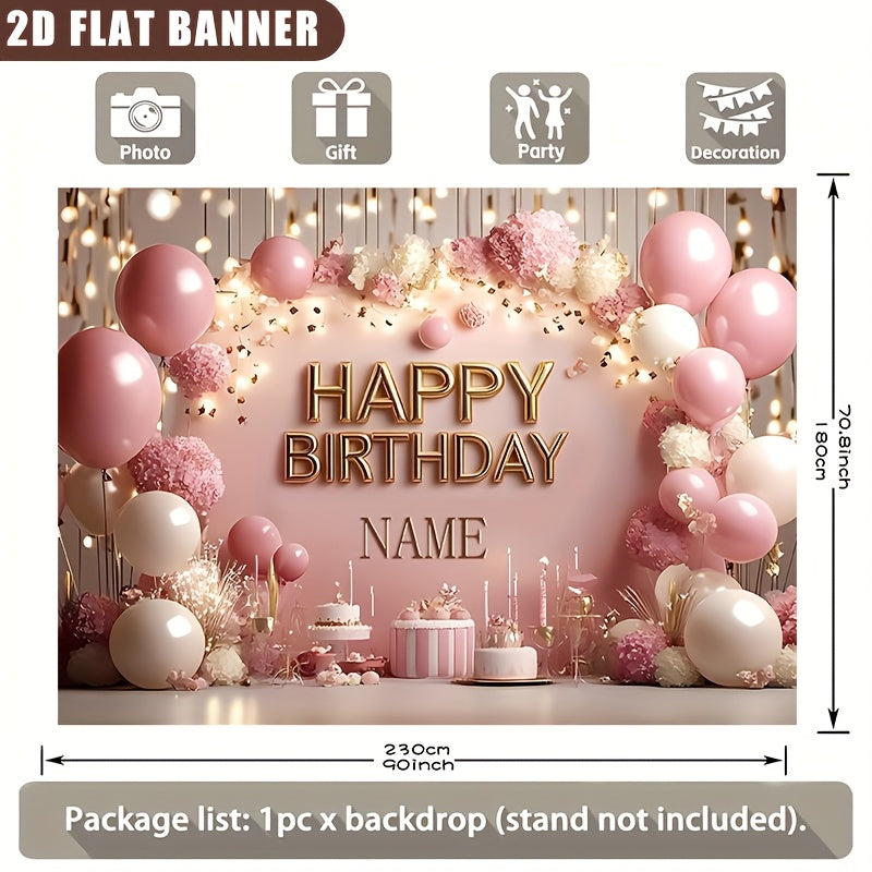 2D Flat, 1pc Customizable Princess-Themed Birthday Party Banner - Sparkling Pink Floral & Cake Design, Vinyl Inkjet Print, Personalized Name Option, Perfect for Wall Decor & Event Signage, Birthday Party Decorations
