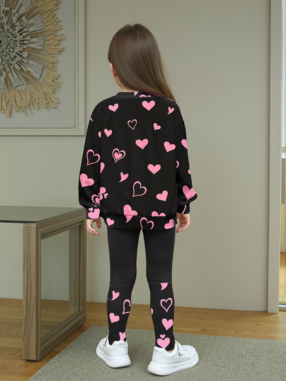 Girls' Spring/Autumn Heart Print Round Neck T-Shirt + Casual Patchwork Pants Cute Cat Pattern Two-Piece Set