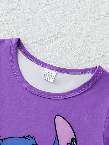 Little 's Fireproof Disney Stitch Long-Sleeve T-Shirt + Random Print Stitch Butterfly Pants Set - Soft, Comfortable Casual Loungewear for Autumn/Winter Holidays, Holiday Pajamas, Home Comfort Wear, Playful Fashion, Soft Fabri
