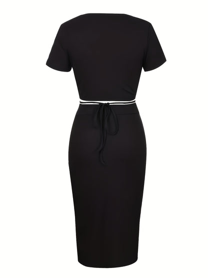 Women'S Casual Two-Piece Set - Black Crop Top with Button Detail & High-Waisted Skirt, Short Sleeve, Round Neck, Button-Up Front, Mid-Length, Lightweight Polyester Blend for Spring/Summer, Casual Attire|Modern Casualwear|Poly