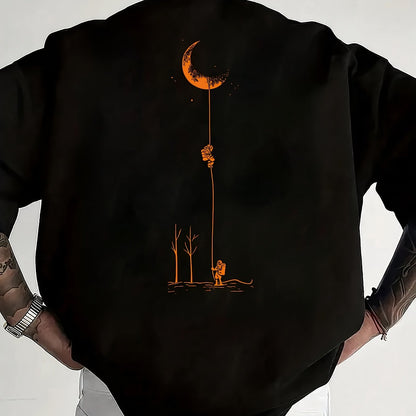 Men's Graphic Print Short Sleeve T-Shirt - Black Relaxed Fit Casual Round Neck, Durable Polyester Fabric, Machine Washable Summer Outdoor Top, Moon And Trees Design | Lightweight Clothing
