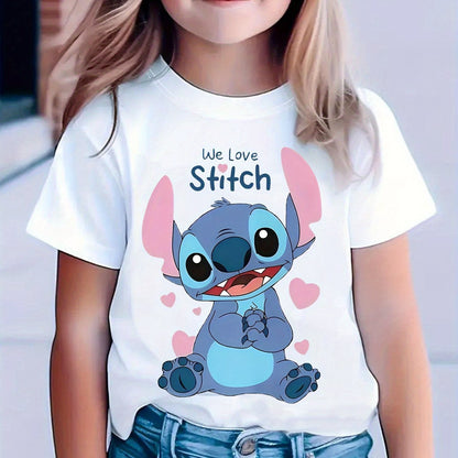 Youngsters' Stitch Cartoon Print T-Shirt - Pink Casual Summer Top with "We Love Stitch" Design, Soft & Breathable Knit Fabric, Round Neck, Machine Washable, Perfect for Youngsters' Playtime & Holidays, Youngsters'S Playtime S