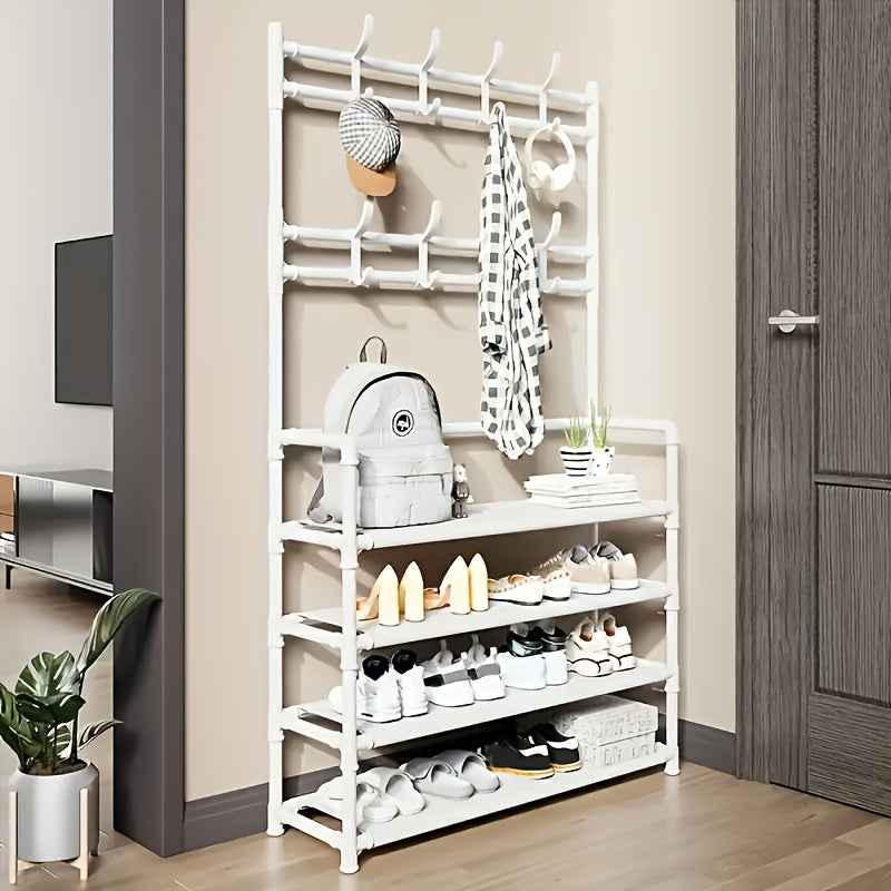 Clothes and Hat Rack, Freestanding Shoe Shelf with Sturdy Thick Metal Plastic Hooks – Space-Saving Modern Design for Shoes, Hats, and Clothes. Easy to Assemble for Living Room, Bedroom & Home Office, Hat Organizer, Home Org