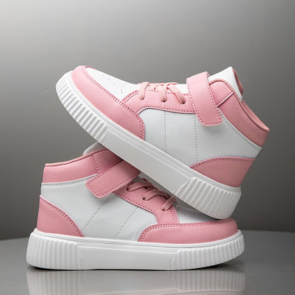 Girls' & Boys' White & Pink Checkerboard Mid-Top Sneakers - Lightweight PU Upper with EVA Sole, All-Season Comfort for School, Outdoor & Casual Wear - Easy Slip-On Design for Ages 14 & Under
