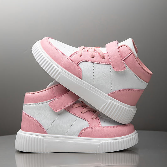 Girls' & Boys' White & Pink Checkerboard Mid-Top Sneakers - Lightweight PU Upper with EVA Sole, All-Season Comfort for School, Outdoor & Casual Wear - Easy Slip-On Design for Ages 14 & Under