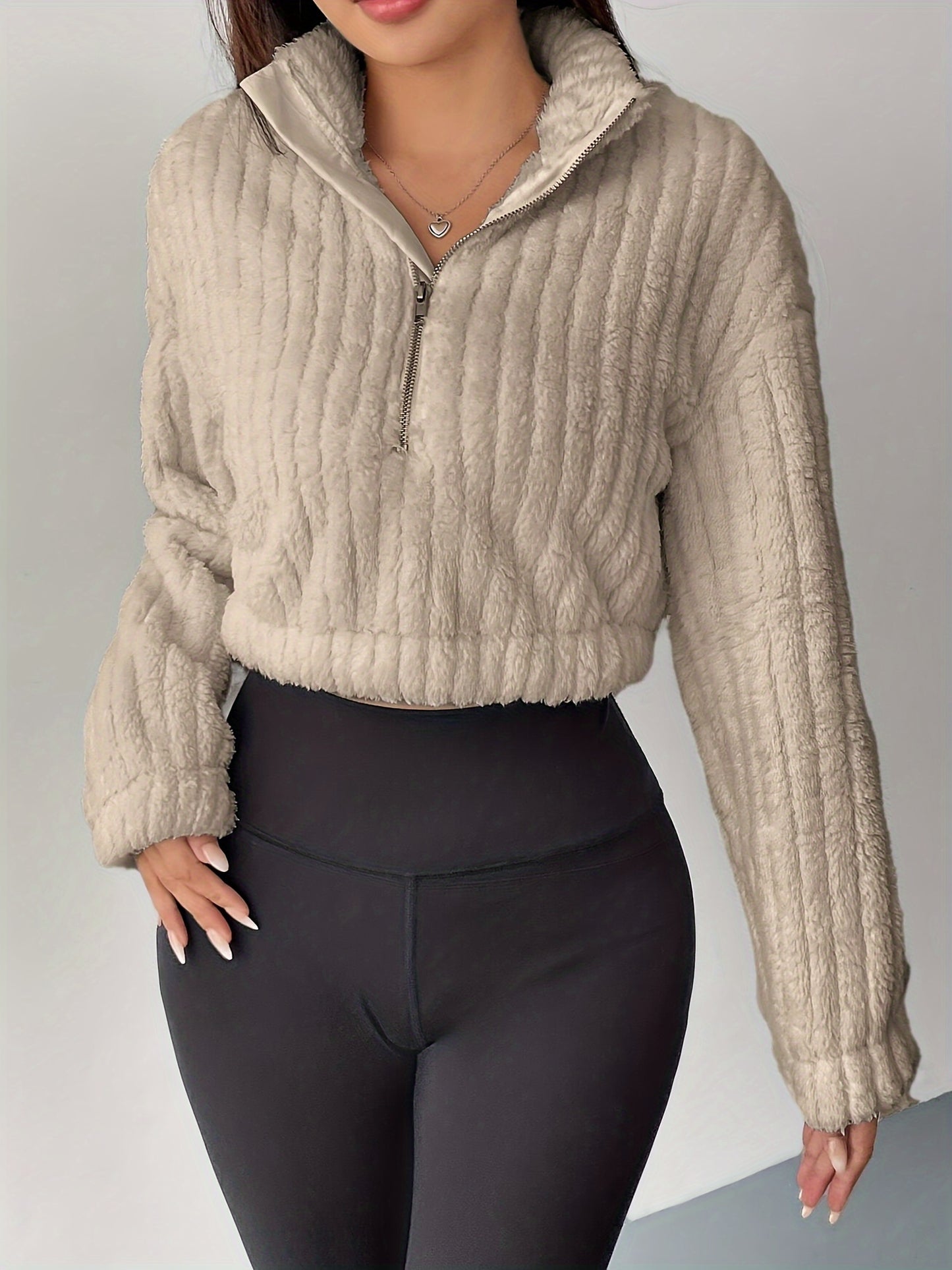Women's Elegant Off-Shoulder Half-Zip Fleece Sweatshirt - Cozy Warm Crop Top with Ribbed Detail, Long Sleeves for Fall & Winter, Beige