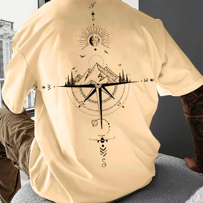 Men's Casual Compass Print T-Shirt - Breathable Polyester, Crew Neck, Short Sleeve - Perfect for Summer