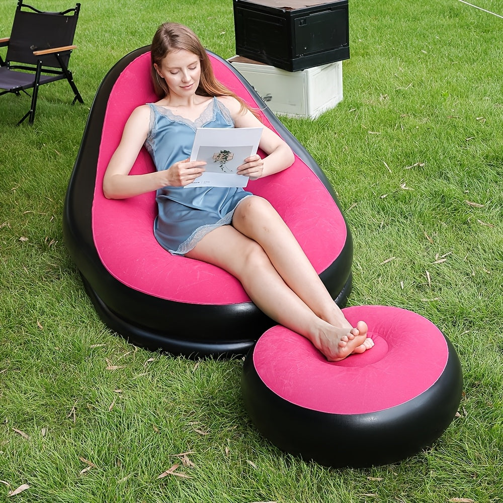 Portable Inflatable Sofa Footrest Set/Single Stool, Foldable Lounge Chair with Comfortable Velvet Upholstery, Ideal for Camping, Hiking, and Sunbathing, Includes Free Pump