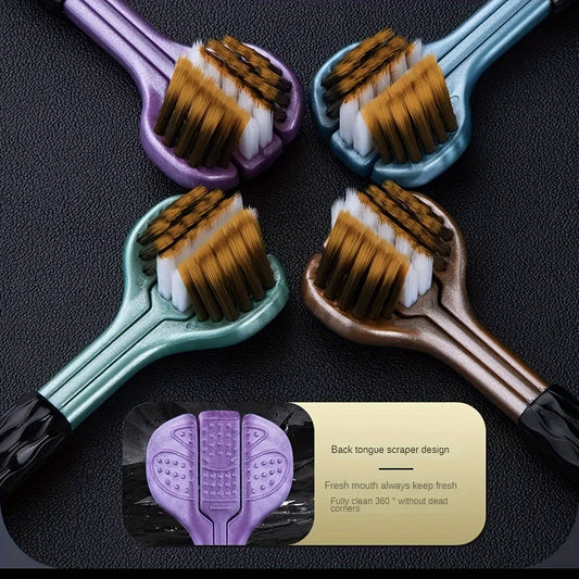 2pcs Ergonomic Triple-Sided Soft Bristle Toothbrushes, Microfiber Bristles, Unscented Full-Head Manual Toothbrush Set, for Unisex-Adult Deep Clean & Gum Protection with Tongue Scraper