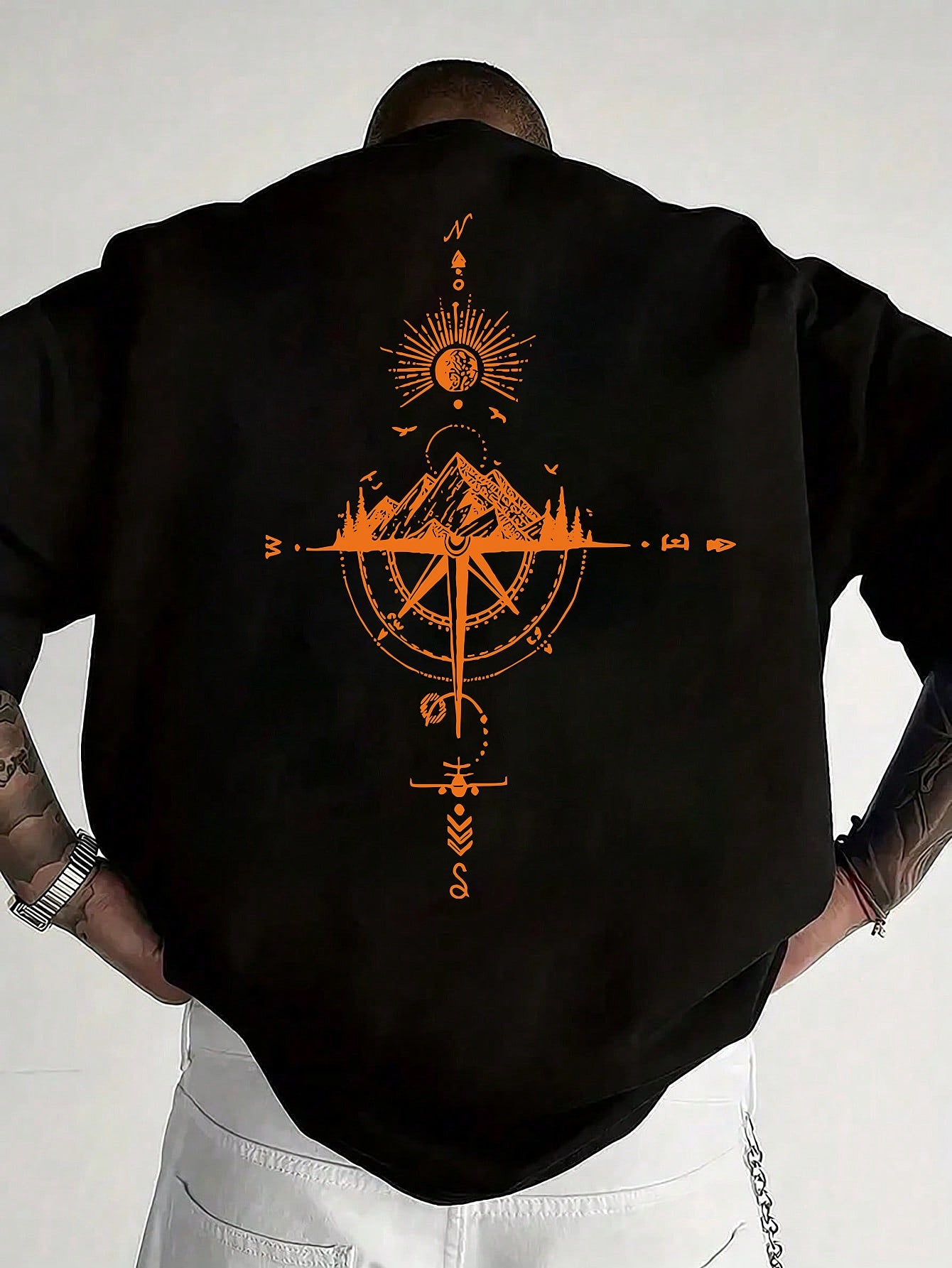 Men's Short Sleeve T-Shirt 100% Polyester Loose Fit Casual Round Neck Navy Blue with Golden Compass Rose Mountain Print - Summer Outdoor Adventure Graphic Tee, Modern Casual Top | Easy Care Clothing