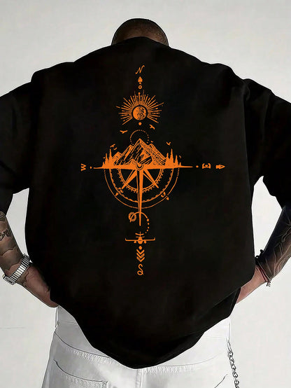 Men's Short Sleeve T-Shirt 100% Polyester Loose Fit Casual Round Neck Navy Blue with Golden Compass Rose Mountain Print - Summer Outdoor Adventure Graphic Tee, Modern Casual Top | Easy Care Clothing