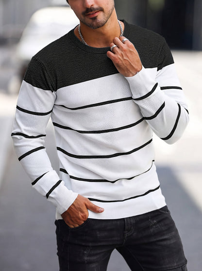 Men's Casual Striped Knit Pullover Sweater - Navy & White Contrast, Regular Fit H-Silhouette, Long Sleeve Crew Neck, Medium Stretch, Machine Washable for Spring & Fall, Mediumstretch Fabric