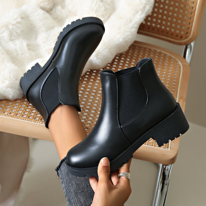 MagiMoBo Women'S Slip-On Chunky Mid-Heel Ankle Boots - Faux Cover Round Toe Platform Boots with Thick Rubber Sole, All-Season Casual Versatile Boots for Casual Attire, Comfortable Walking Boots, Durable Fabric Insole