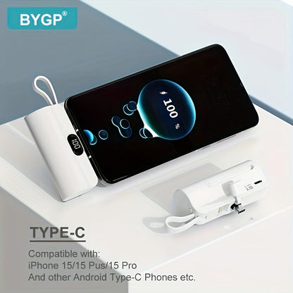 BYGP 5000mAh Mini Portable Charger, USB Type-C, Universal Emergency Power Bank for iPhone 14/13/12 Pro Max, iPad Pro, Samsung Android, Compact Travel Phone Charging Backup Battery Pack, Rechargeable ≤36V