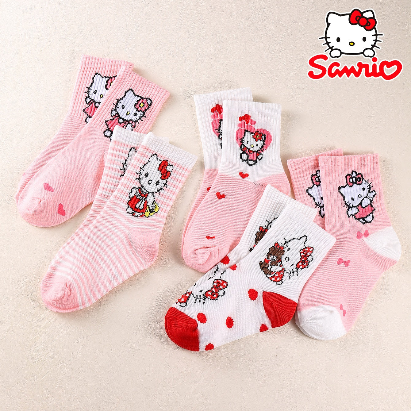 10 Pairs Hello Kitty Girls Socks, Cute Cartoon Sanrio Ankle Crew Socks, Breathable Soft Knit, Pink Red Heart Pattern, Spring Fall Winter Toddler Socks