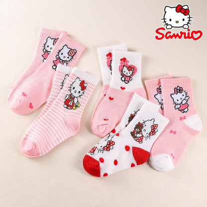10 Pairs Hello Kitty Girls Socks, Cute Cartoon Sanrio Ankle Crew Socks, Breathable Soft Knit, Pink Red Heart Pattern, Spring Fall Winter Toddler Socks