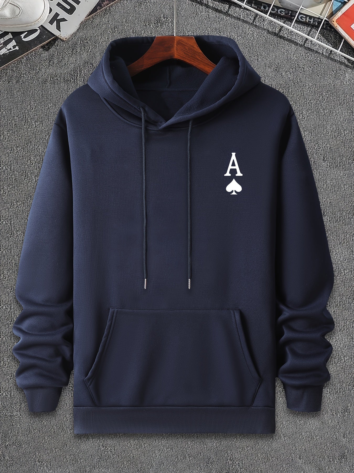 Men's Casual Pullover Hoodie with Geometric Spade Print, Polyester, Regular Fit, Knit Fabric, Pocket Detail, Sports Sweatshirt