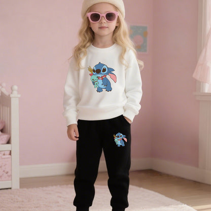 2pcs Disney Kids Casual Sweatshirt & Pants Set Stitch's Adorable Floral Adventure: A Heartwarming Cartoon Tale Long-Sleeve Crewneck, Children's clothing suitable for autumn and winter seasons, featuring cute cartoon patterns.