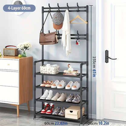 Clothes and Hat Rack, Freestanding Shoe Shelf with Sturdy Thick Metal Plastic Hooks – Space-Saving Modern Design for Shoes, Hats, and Clothes. Easy to Assemble for Living Room, Bedroom & Home Office, Hat Organizer, Home Org