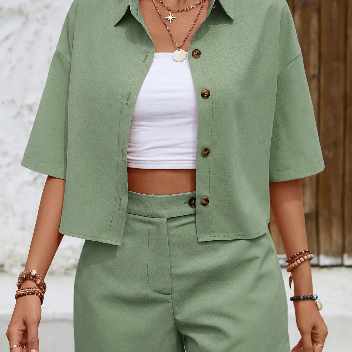 Stylish Versatile Short Sleeve Shirt + High-Waist Shorts Set 009