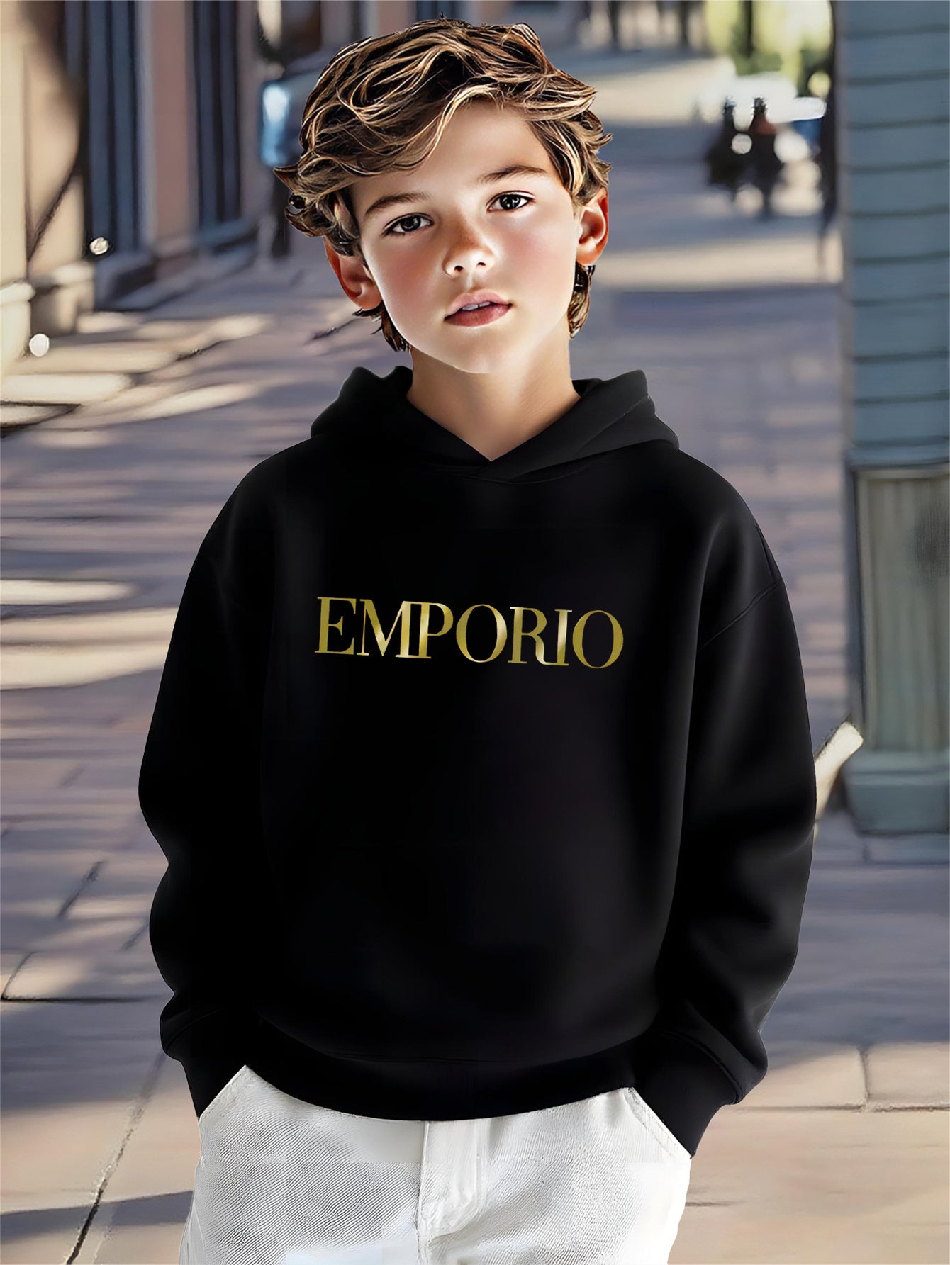Boys' Cozy Soft Hoodie with "EMPORIO" Print - Navy Blue Casual Long Sleeve Pullover for Fall/Winter, Comfortable Outdoor Sportswear, Hoodie for Winter, Autumn Clothing, Stylish Pullover, Soft Fabric Hoodie