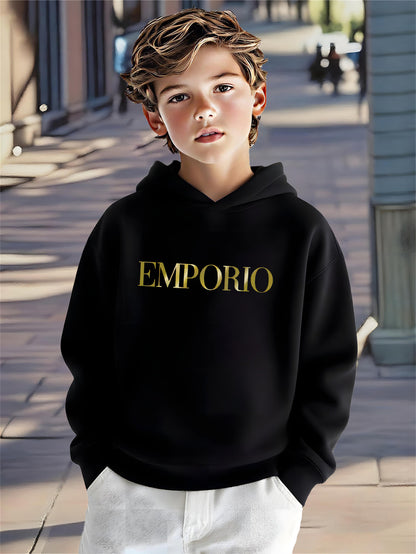 Boys' Cozy Soft Hoodie with "EMPORIO" Print - Navy Blue Casual Long Sleeve Pullover for Fall/Winter, Comfortable Outdoor Sportswear, Hoodie for Winter, Autumn Clothing, Stylish Pullover, Soft Fabric Hoodie