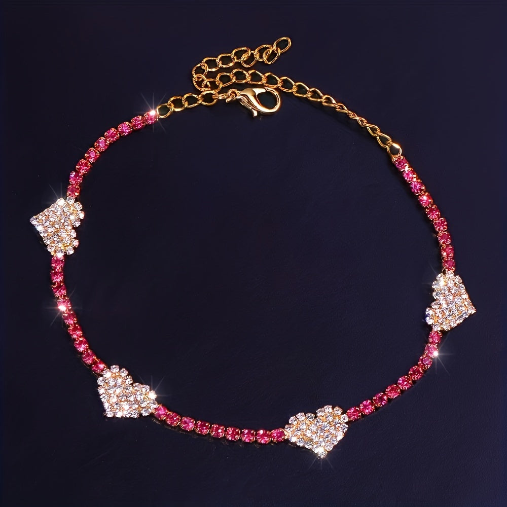 Elegant Rhinestone Heart Charm Anklet for Women, Copper with Specialty Plating, Versatile Foot Jewelry for Daily Wear - Single Pack