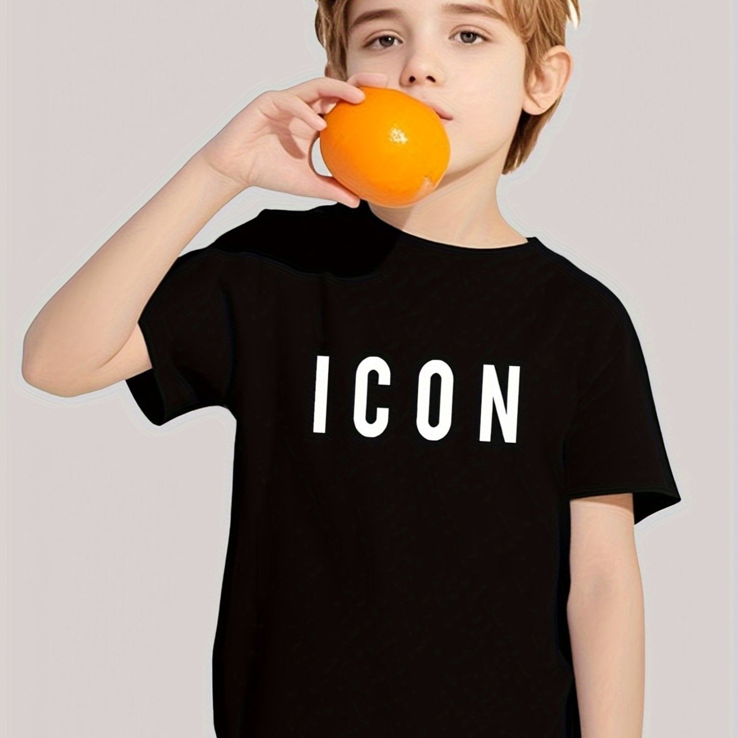 1pc Boys' "ICON" Graphic T-Shirt - Black Casual Summer Tee with Orange Design, 100% Polyester Breathable Fabric, Comfortable & Lightweight for Teens 12 & Under, Youth Sports Tshirt | Bold Graphic Tee | Comfortable Fit, Boy T