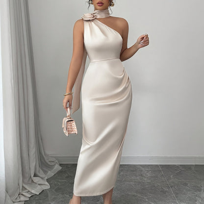 Women's Elegant Champagne Satin Off-the-Shoulder Mermaid Dress with Ruching Detail & Open Back - Bodycon Fit for Weddings, Parties, Formal Events